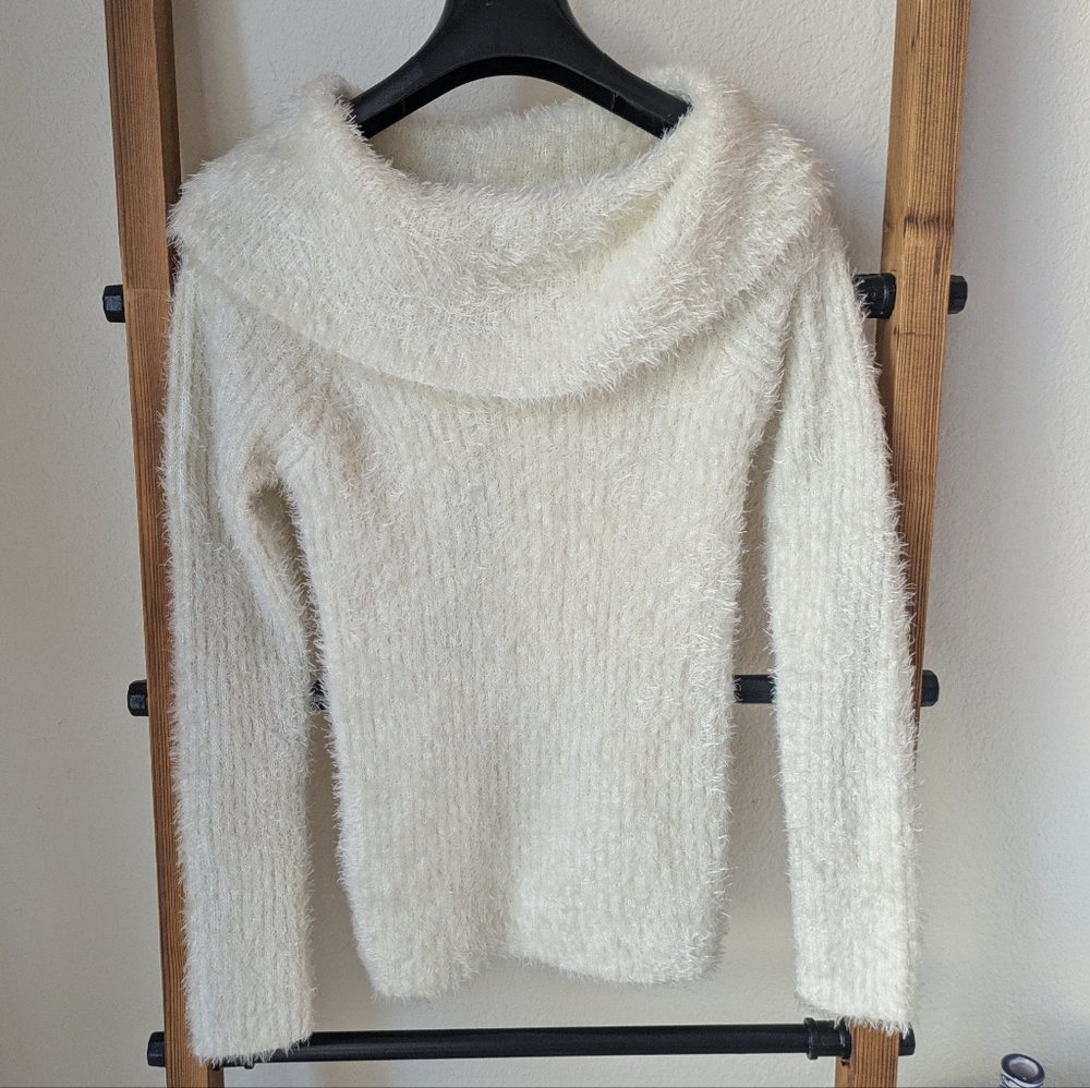 NWT Fashion Nova Women's Fuzzy Cream Cowl Neck Sweater - Size S